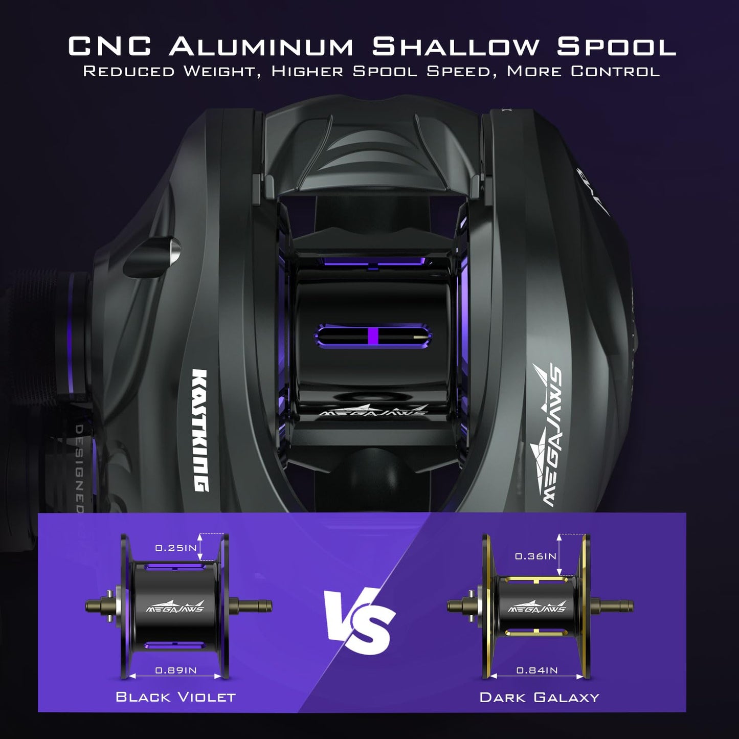 KastKing MegaJaws Elite Baitcasting Reels, 7.2:1 Gear Ratio, Right Handed, Black Violet, Shallow Spool, No Flipping Switch