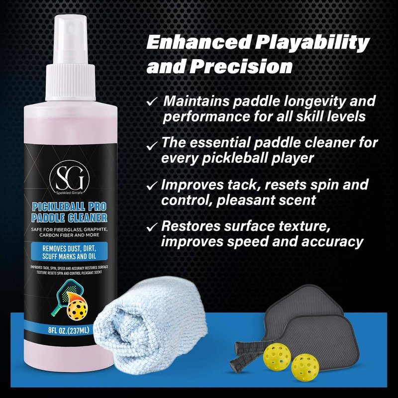 Pickleball Paddle Cleaner Spray with Cleaning Cloth and Thumb Tape - Removes Dirt, Ball Residue, Scuff Marks - EPA Safer Ingredients, Pickleball Accessories, Pickleball Gifts - 8 FL Oz