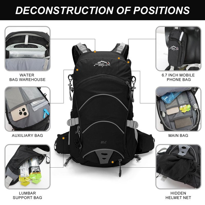 IX INOXTO 20L Hydration Backpack, Waterproof Hiking Internal Frame Backpacks with 2L Hydration Water Bladder and Rain Cover for Men, Lightweight Travel Daypack for Cycling,Camping,Ski (black)