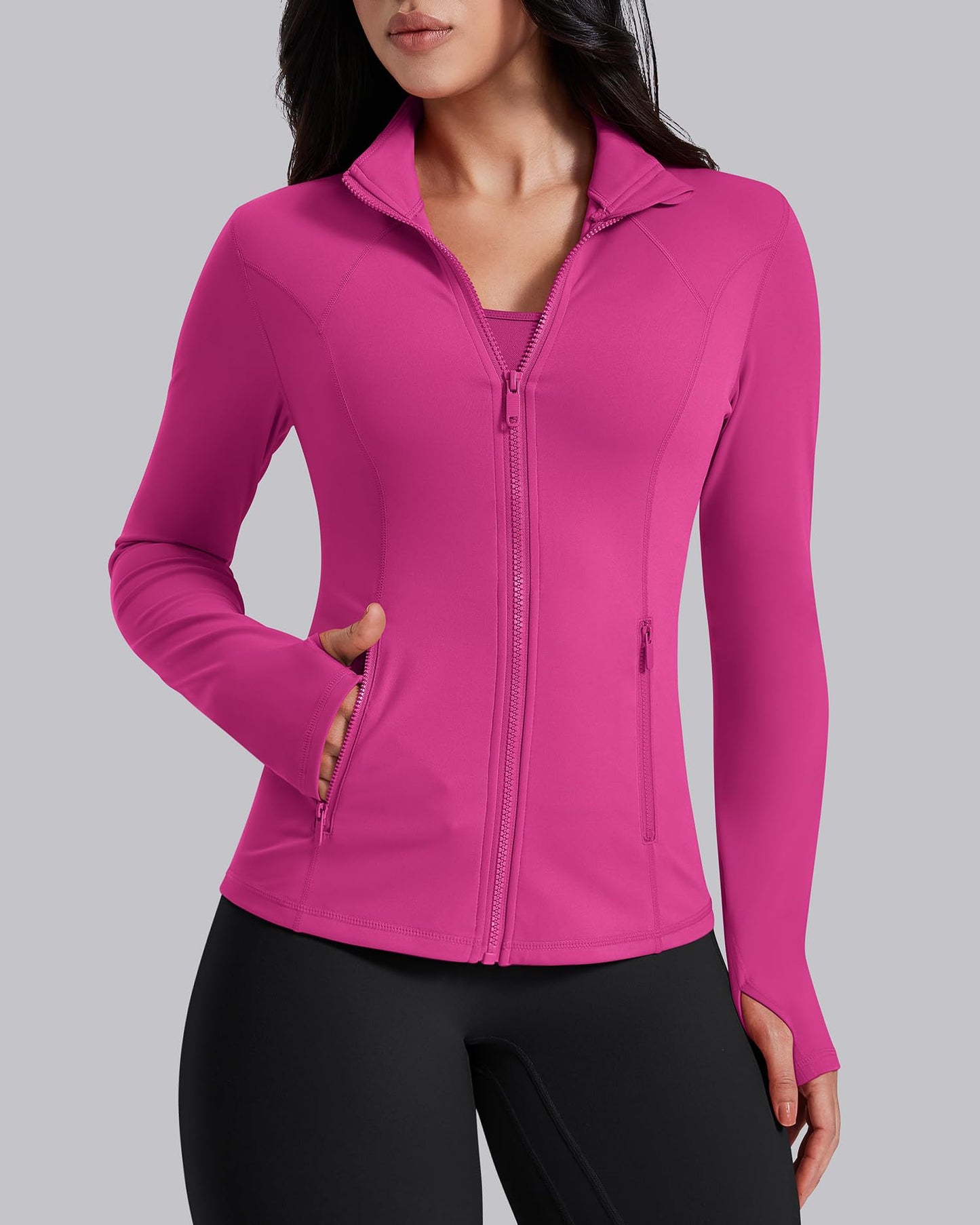 AVGO Womens Workout Jackets Lightweight Athletic Zip Up Jacket Slim Fit Running Gym Top with Pockets & Thumb Holes(Hot Pink, XL)