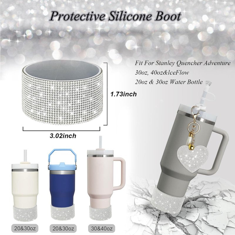 VirgoCCY 6PCS Diamond Glitter Stanley Cup Accessories Set 30&40 Oz, Includes 1 Diamond Silicone Boot, 1 Handle Strap, 1 Straw Covers,1 Straw Adapters Charm Blank with 2 Glitter Charms, Silver