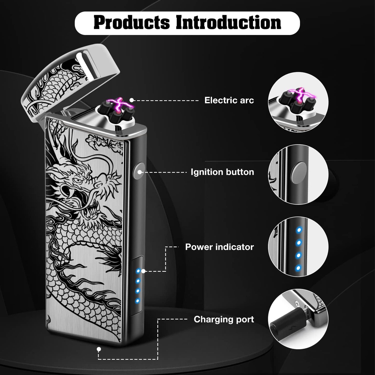 LcFun Electric Lighter USB Rechargeable Lighter, Windproof Plasma Dual Arc Lighter, Flameless Cool Lighters with LED Battery Indication for Candles, Incense Stick, Outdoor Camping (Black Dragon)