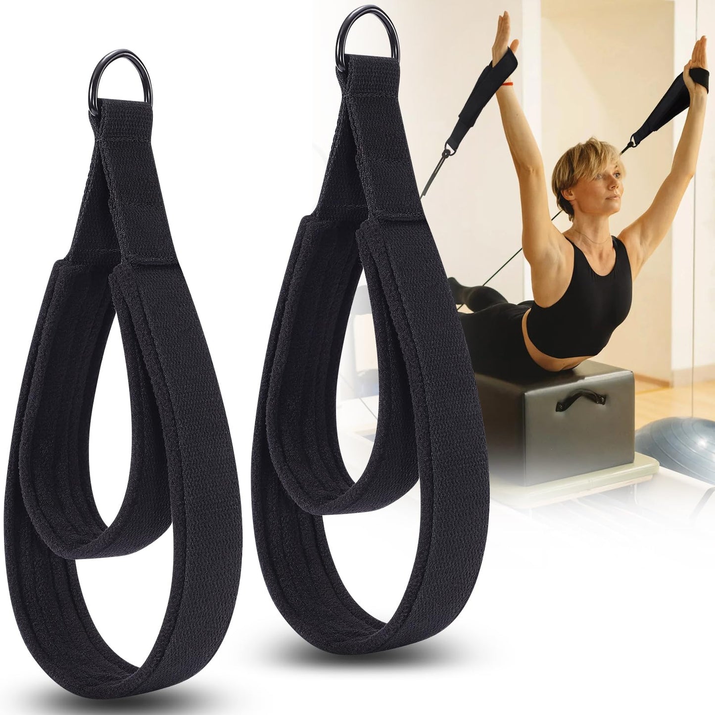 TOBWOLF 2PCS Pilates Double Loop Straps for Reformer, Feet Fitness Equipment Straps, Double Padded D-Ring Loops, Yoga Double Loop Straps Handle Straps, Pilates Reformer Accessories for Home and Gym