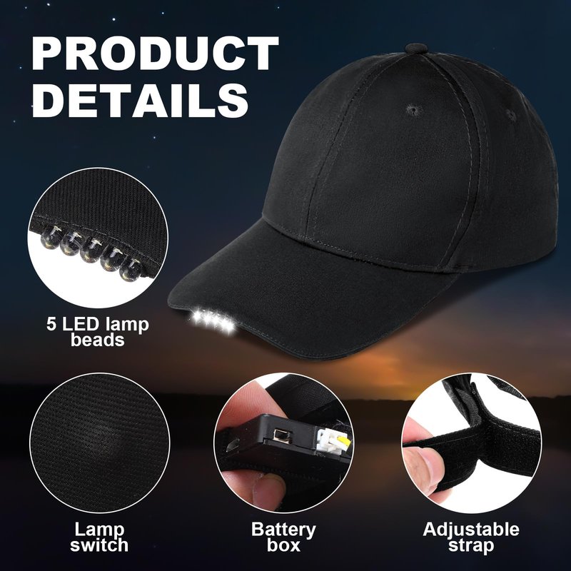Syhood 2 Pieces LED Baseball Caps Flashlight Hats Hands Free Baseball Caps with Light Built in 5 Battery Powered Headlamp LED Hats Light for Men Fishing Jogging Camping Hand Work(Black,Grey)