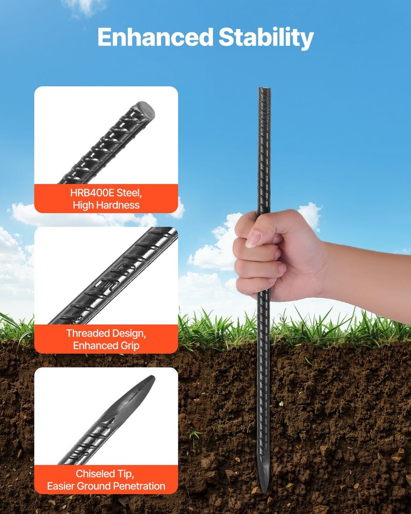 VEVOR Rebar Stakes, 24-Inch, Heavy-Duty 0.47 in Diameter, Straight Galvanized Steel Ground Anchors with Chisel Point End & Rust-Resistant Coating, for Gardening Support, Fence, Camping Tents (20-Pack)