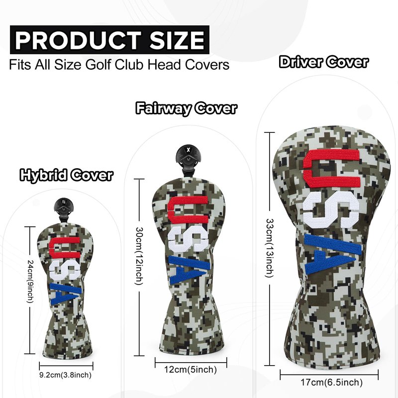 Golf Club Head Covers, Camouflage USA Design Golf Driver Covers, Fairway Wood and Hybrid Head Covers with Interchangeable Tags, Durable Canvas Material Golf Club Covers (Hybrid)