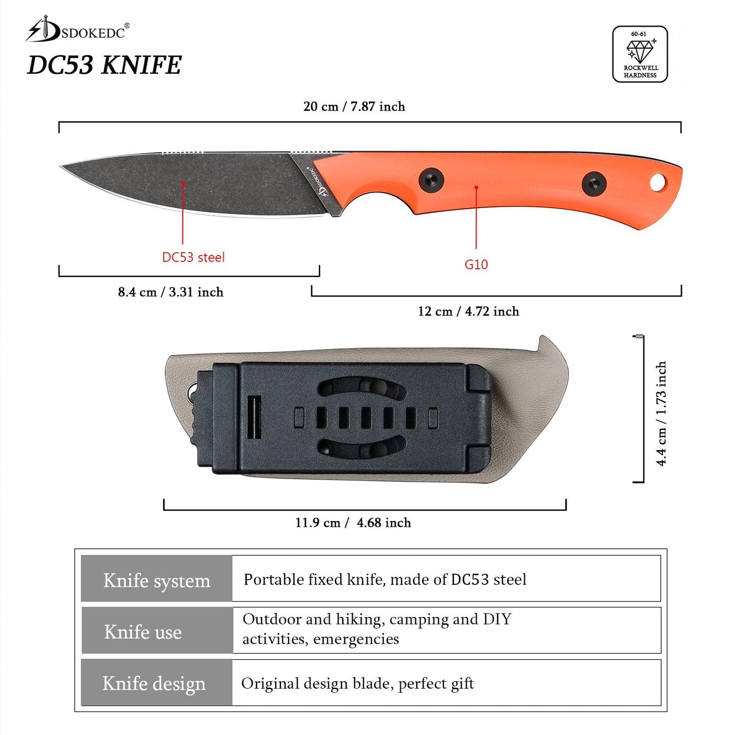 SDOKEDC Knives DC53 Steel Tactical Fixed Blade Knife with kydex sheath for Men EDC Outdoor Camping Survival Hunting (Black+G10 Orange)