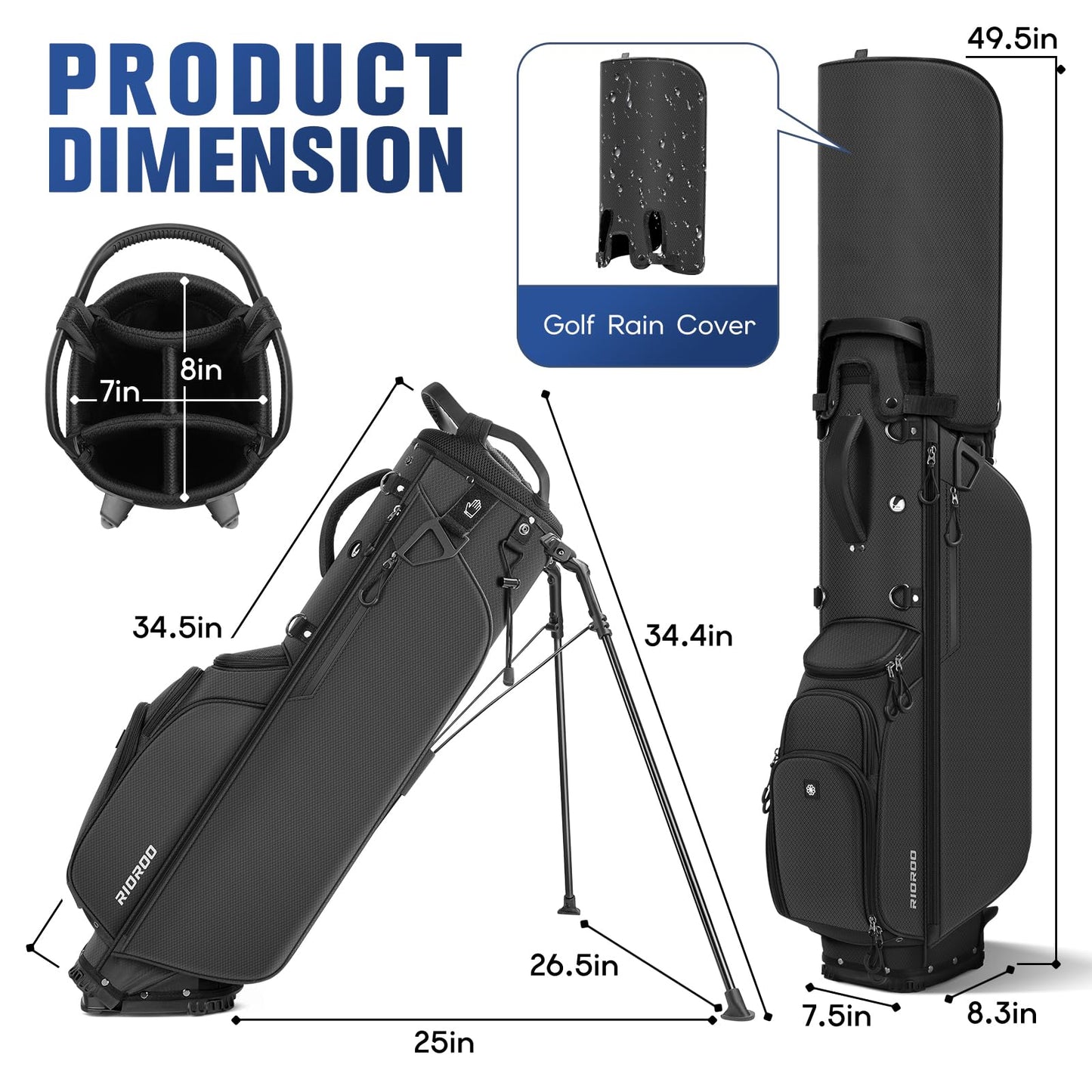 RIOROO 5 Way Golf Stand Bag with Full Length Dividers, Lightweight Golf Bag with Rain Cover, 6 Zippered Pockets & Cooler Bag, Breathable Straps