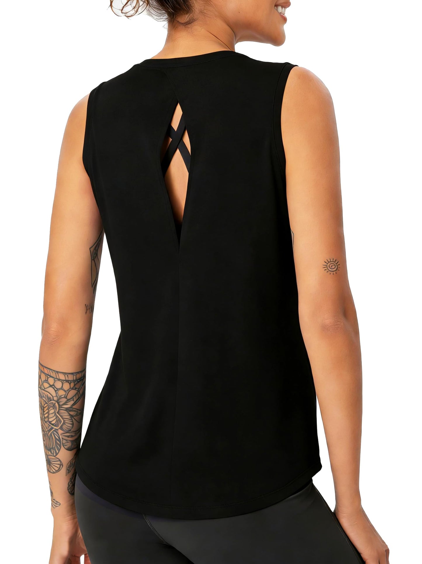 CHALLMOTI Women's Workout Tops Yoga Tank Tops Loose Fit Sleeveless Open Back Athletic Running Shirts Gym UPF50+ Black 3XL