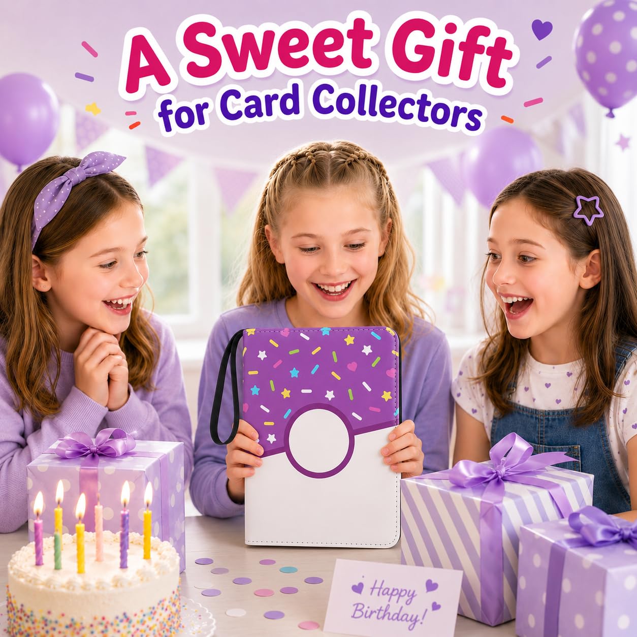 4 Pocket Card Binder 400 Card Holder Album, Purple Donut Trading Cards Holder Zipper Binder for Girl Teen Collection (Purple Donut, 400 Pocket)