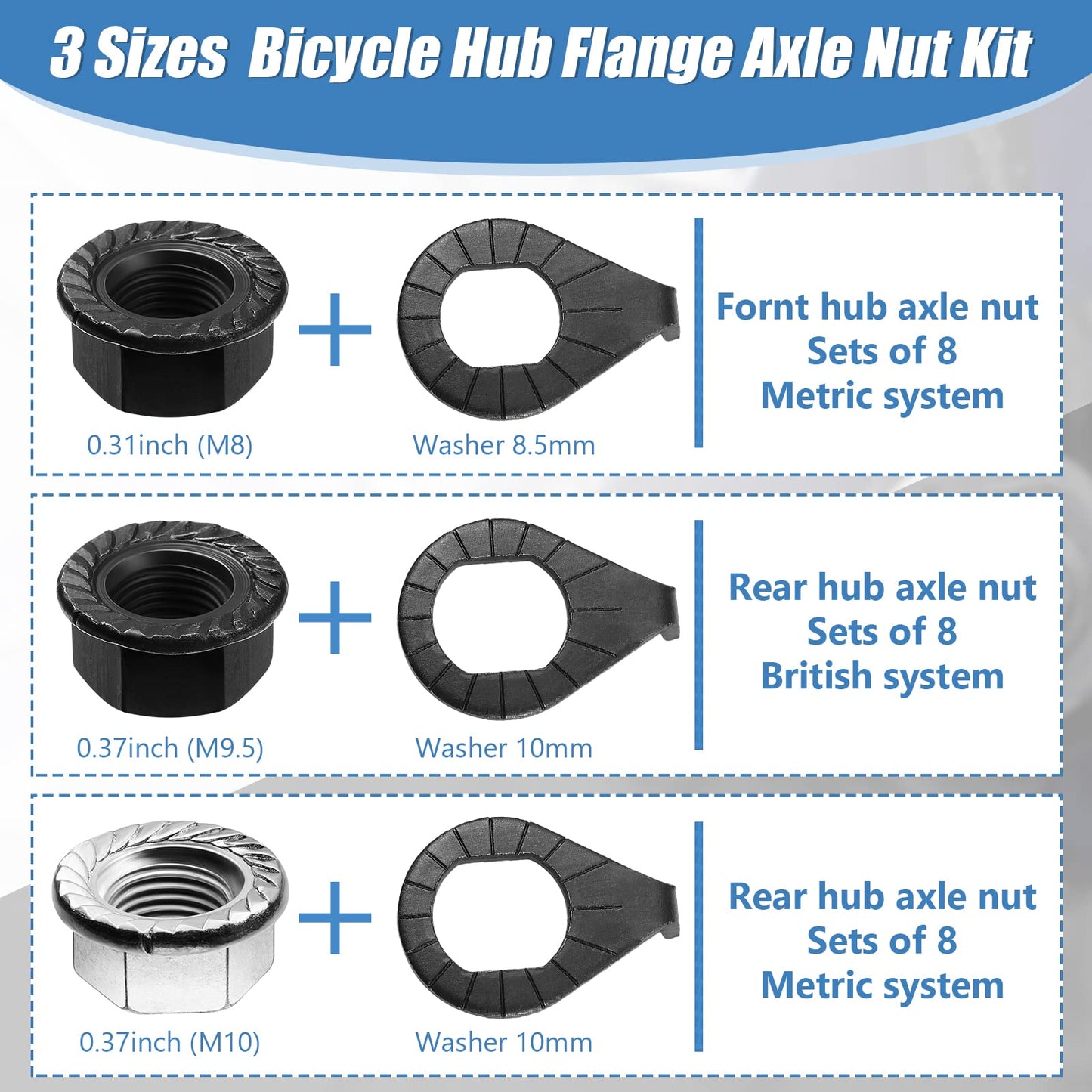 Moxweyeni 48 Pcs Bike Nuts and Safety Washers Kit M8 M9.5 M10 3 Sizes Bicycle Wheel Axle Nuts Black Silver Bicycle Hub Parts for Front Rear Wheel of City Road Mountain