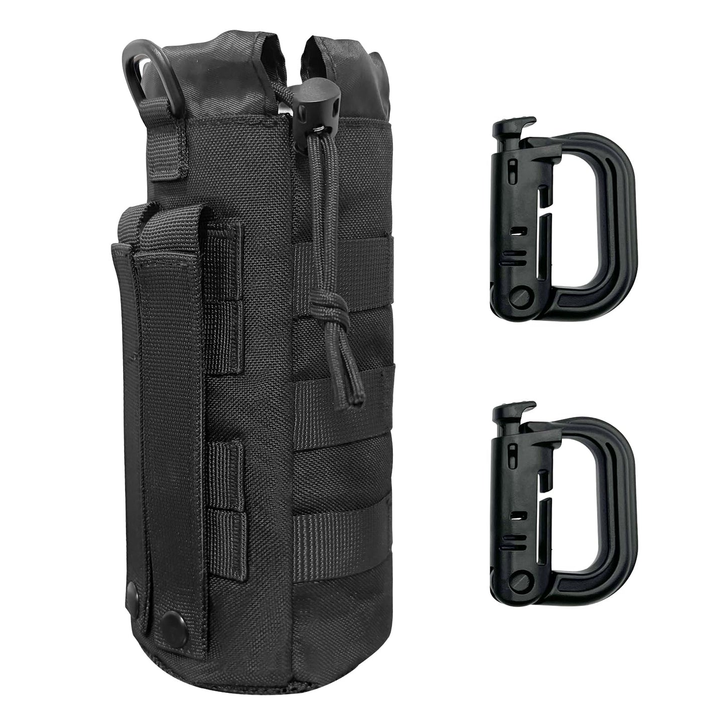 Tanzueji Upgraded Sports Tactical MOLLE Water Bottle Pouch with 2 Carabiners, Drawstring Open Top & Mesh Bottom Travel Hydration Carrier for Outdoor Hiking Camping
