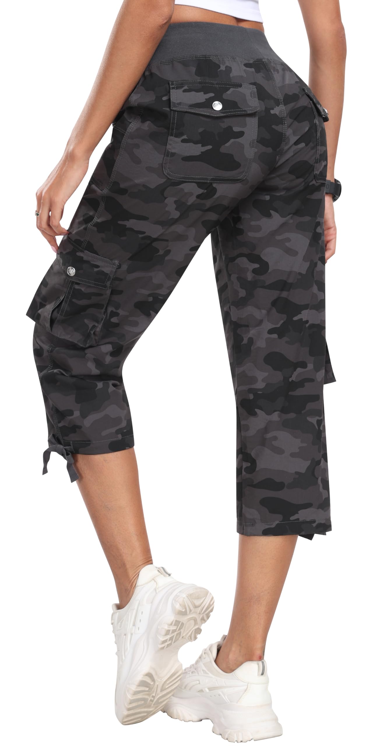 MoFiz Womens Capris with Pockets Loose Fit Casual Capri Pants Dressy Lightweight Ladies Baggy Cargo Pants for Hiking Camo Gray 4XL