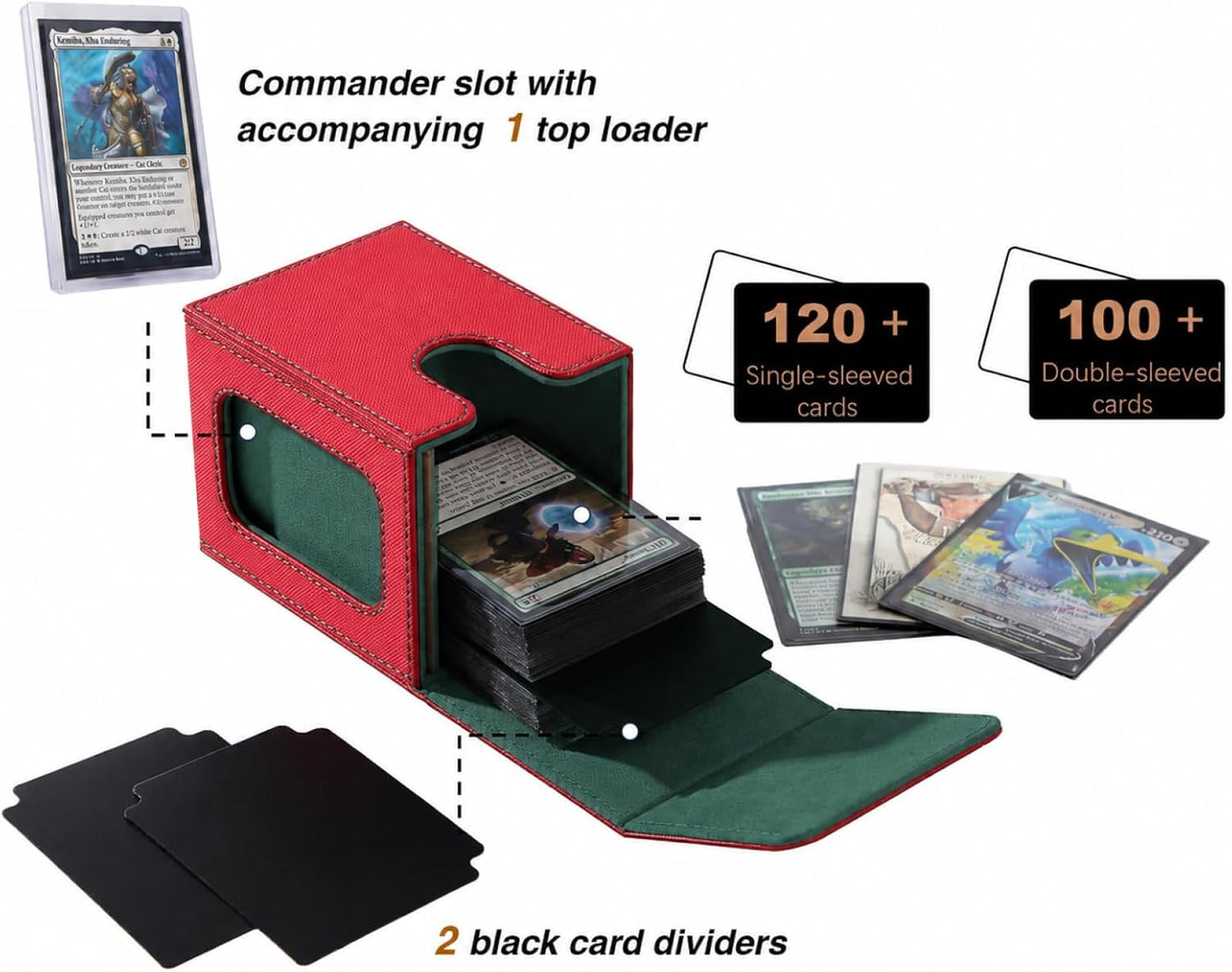 MTG Deck Box - Commander Display for 100 Double Sleeved Cards | Red and Green with 2 Dividers & 1 Toploader