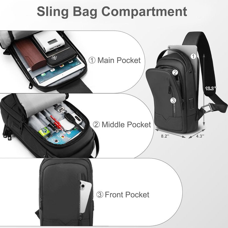 Sling Bag for Men Women Chest Bag Should Bags for 11.3 Inch iPad with USB Charging Port Water-Resistant Crossbody Sling Backpack LightWeight Anti-Theft Casual Daypack for Travel Sports Hiking-Black