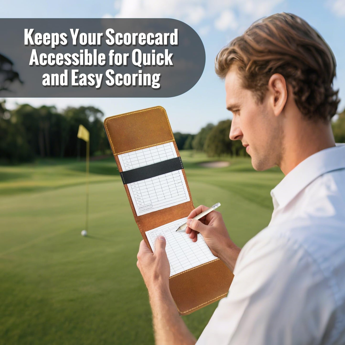Real Leather Golf Scorecard Holder: USA Genuine Crazy Horse Leather Golf Yardage Book Cover with 4 Scorecard 1 Pencil - Golf Notebook Back Pocket Cool Golf Gifts for Father Him Golfers Men Dad