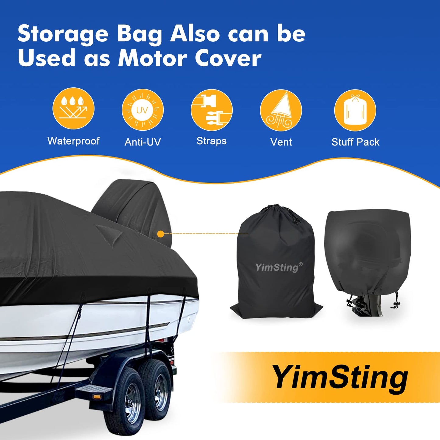 YimSting 1200D Waterproof Boat Cover - Fits 20' to 22' ft Bass, V-Hull, Tri-Hull, Fish & Ski, Runabout Bowrider Boats - Heavy Duty Canvas Black