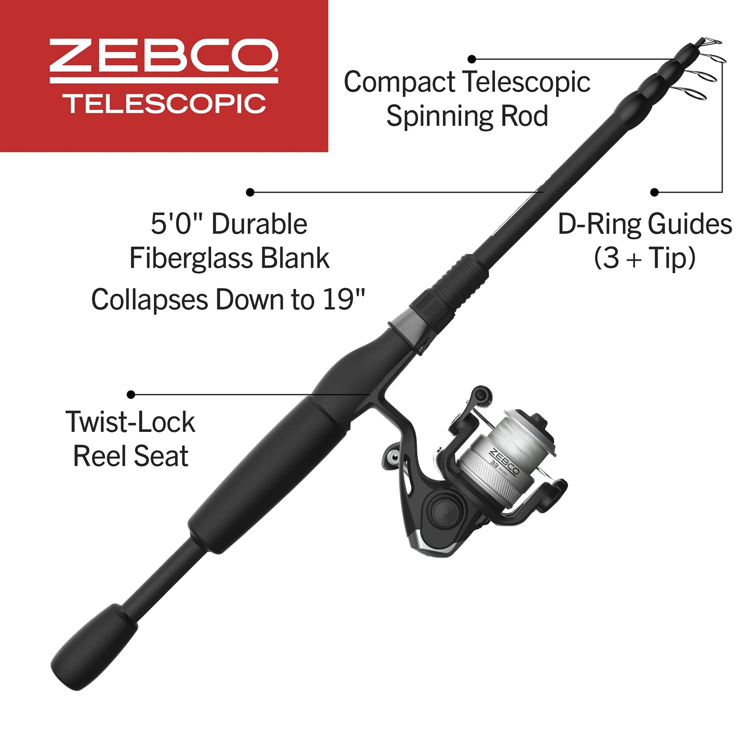 Zebco 33 Micro Triggerspin Spincast Reel and Telescopic Fishing Rod Combo, Extendable 19-Inch to 5-Foot Telescopic Fishing Pole, QuickSet Anti-Reverse Fishing Reel with Bite Alert, Silver/Black