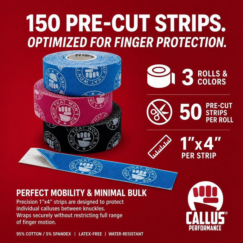 Callus Performance Pre-Cut Finger Tape (1x4") – Slim Hook Grip Tape for Weightlifting, Gymnastics & Rock Climbing – Flexible, Sweat-Proof & No-Residue Adhesive – 3-Pack, 150 Strips Total