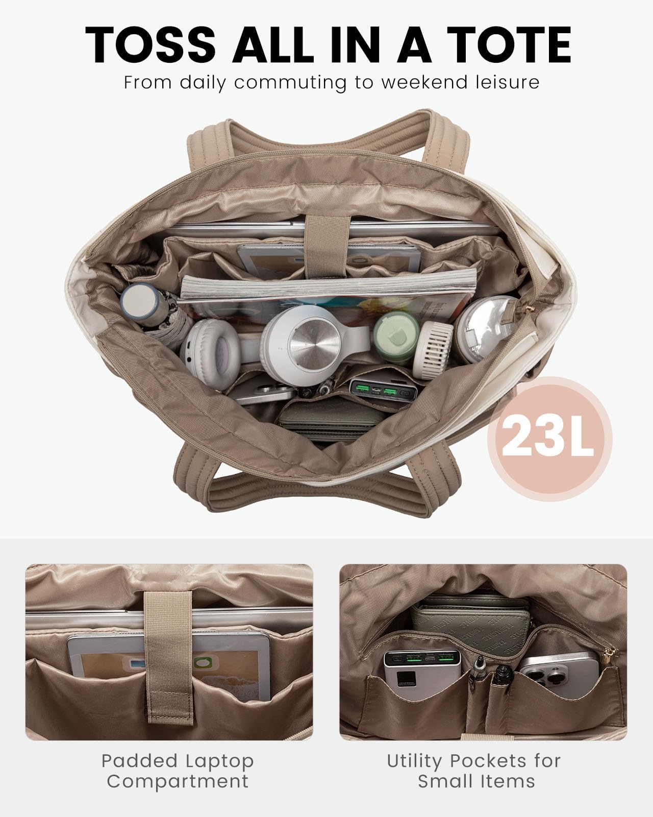 LOVEVOOK Puffer Tote Bag with 8 Pockets&Cosmetic Bag, Waterproof Work Bag for Women, Puffer Tote for Women Work, Travel, Gym