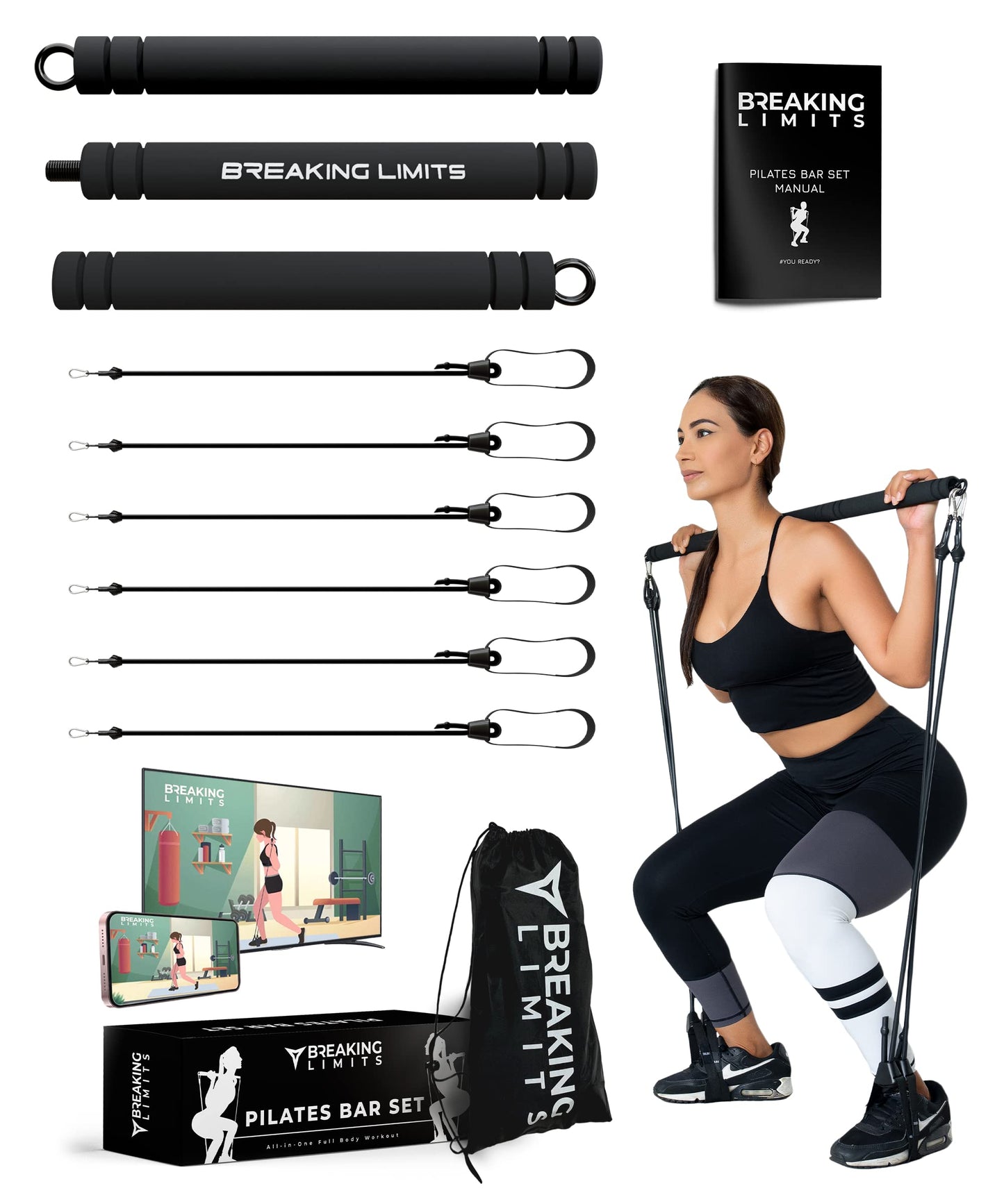 Breaking Limits Multifunctional Pilates Bar Kit - Adjustable Exercise Bar with 6 Resistance Bands for Working Out - Full Body Workout Equipment for Home Gym - Pilates Stretch Fusion Bar