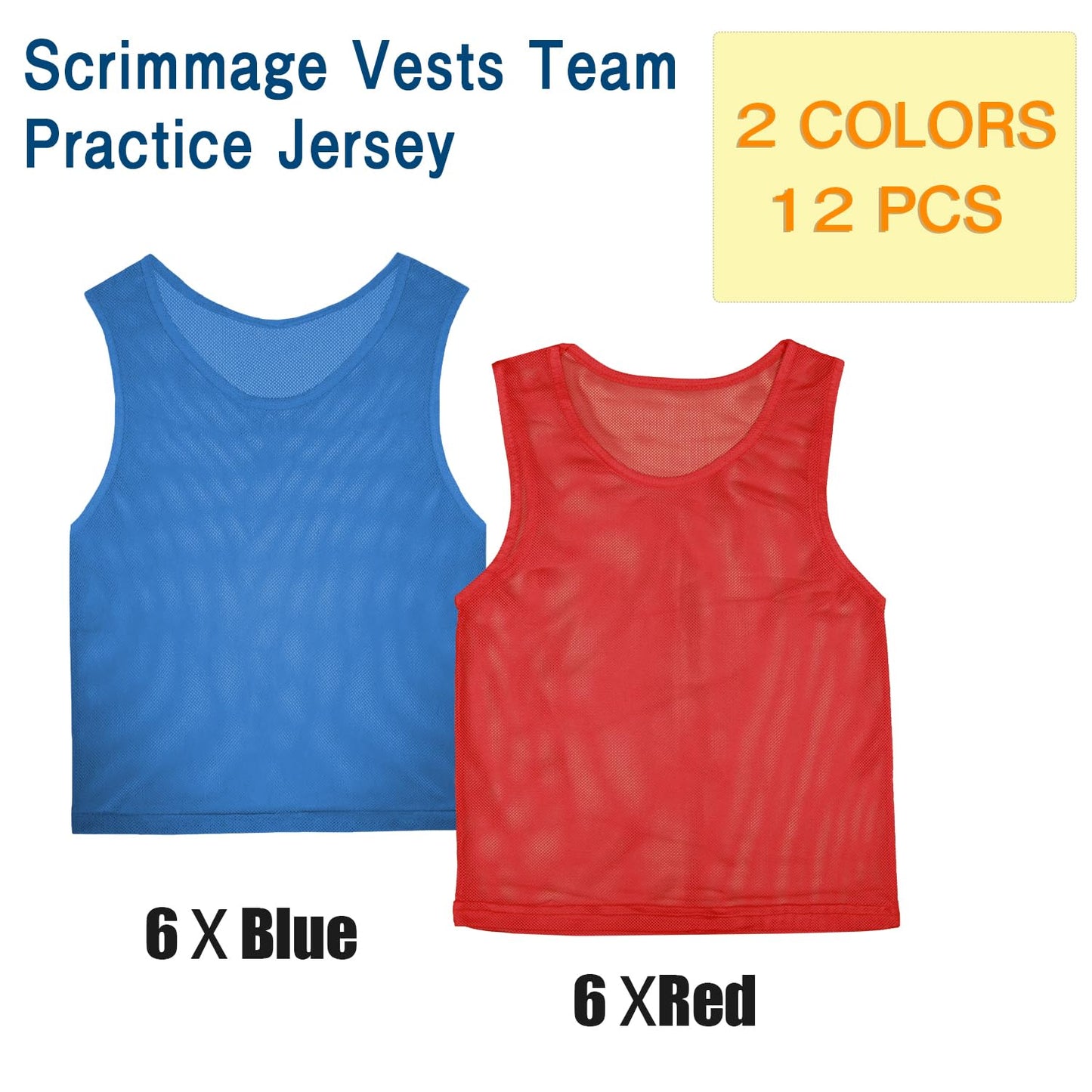 12 Pack Pinnies Team Practice Vests for Child Youth Teen Adult, Mesh Scrimmage Jersey for Soccer Football Basketball (6 X Red + 6 X Blue, Child/5-10 Years Old)