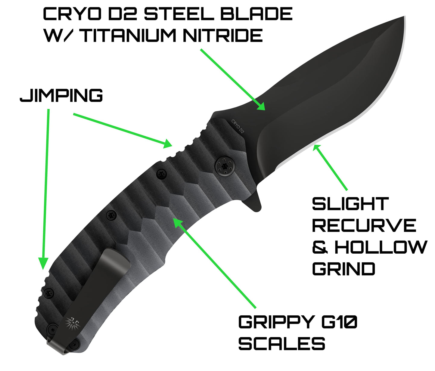 Off-Grid Knives - Rapid Fire Blackout - Large Folding Knife for Camping & EDC, Cryogenic D2 Blade Steel, Titanium Nitride Coating with G10 Scales & Deep Carry Clip