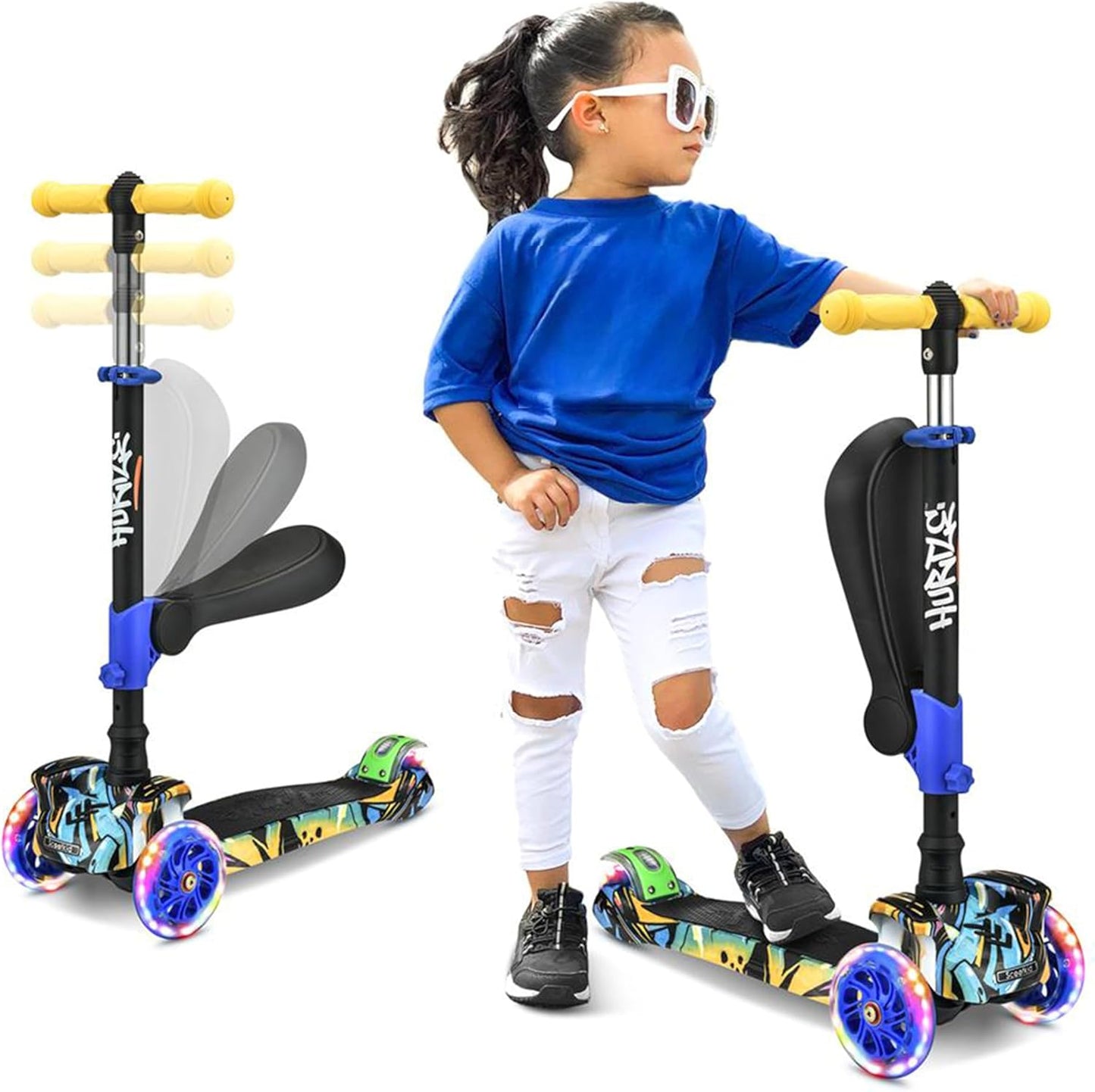 Hurtle 3-Wheeled Kids Scooter - LED Wheel Lights, Adjustable Handlebar & Foldable Seat | Sit or Stand Ride for Ages 1-14