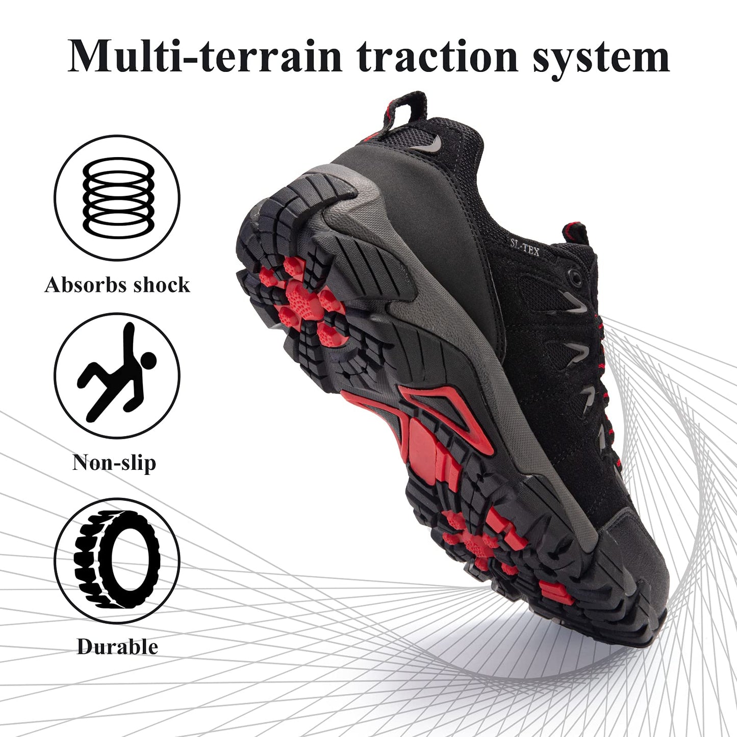 SHULOOK Men's Waterproof Hiking Shoes Lightweight Anti Slip Outdoor Ankle Boots Breathable Hike Trekking Trails Shoe Black/Red 11