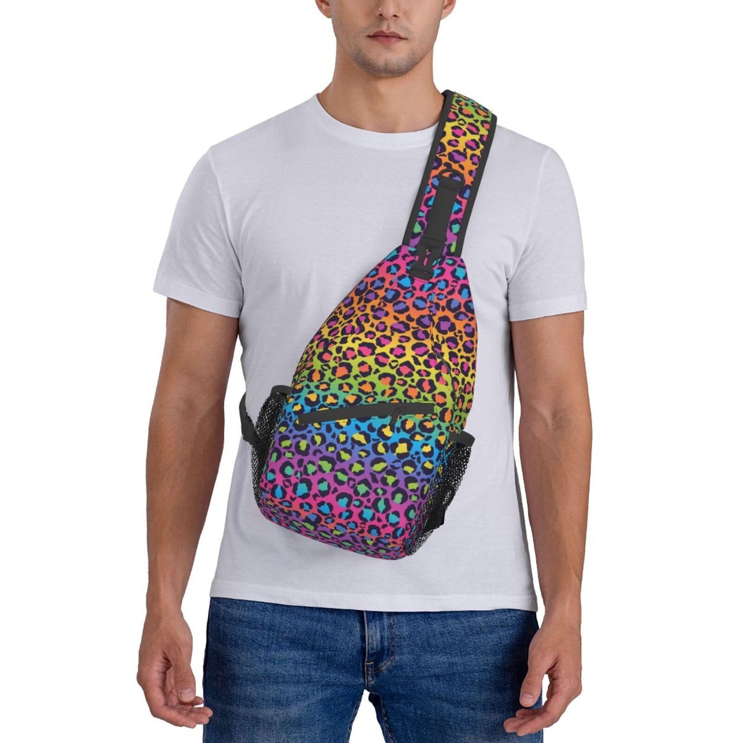 SURERUIM Rainbow Leopard Print Sling Bag for Women Men Crossbody Shoulder Backpack Colorful Leopard Natural Fur Texture Wildlife Animal Skin Chest Bags Cute Cheetah Print Travel Hiking Daypack