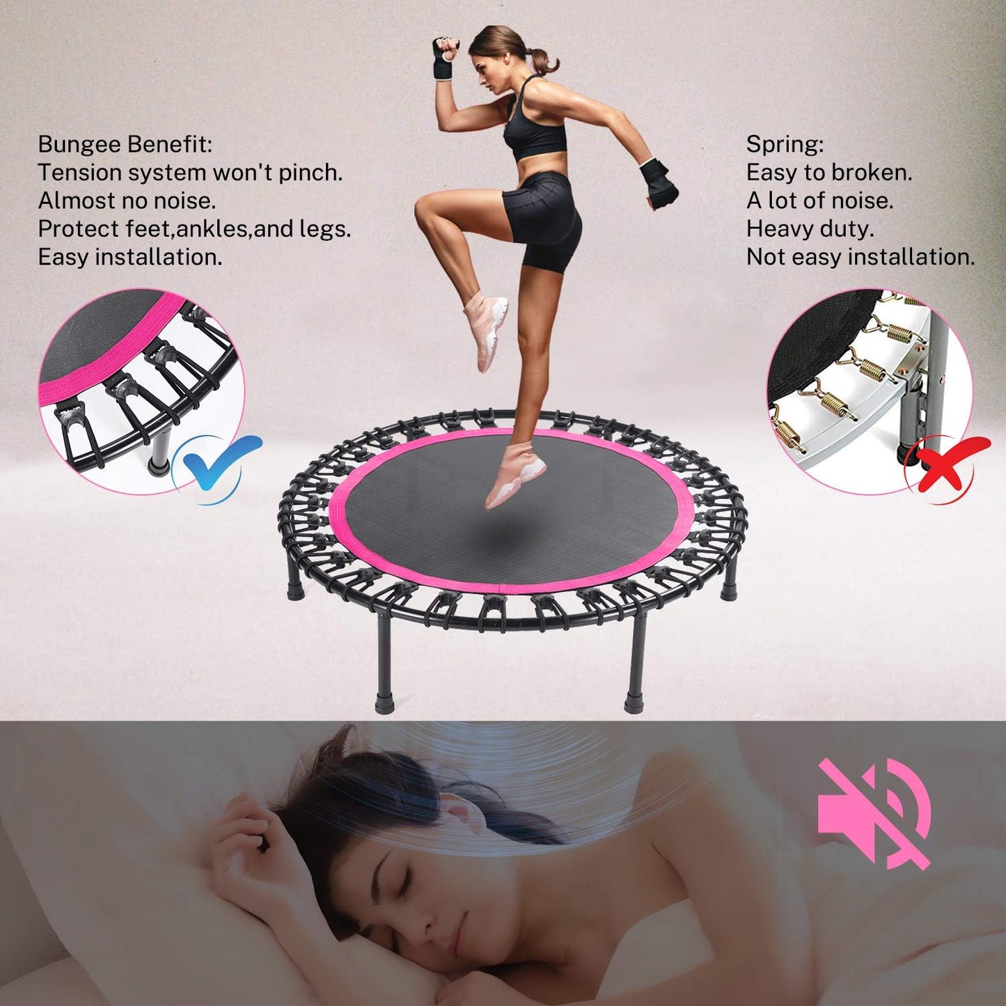 Mini Trampoline for Adults - Heavy-Duty 40" Silent Rebounder with 30 Bungees | Indoor Workout Equipment
