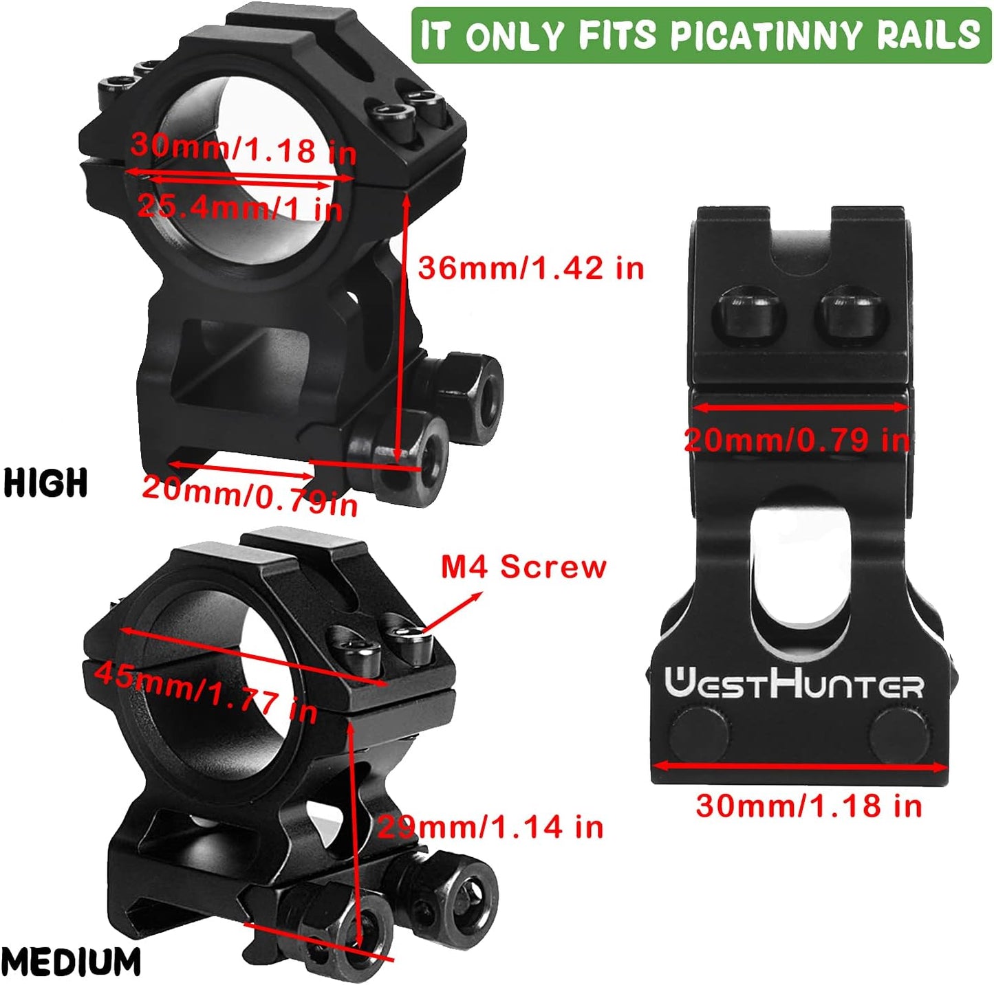 WestHunter Optics Picatinny Scope Rings - 1 Inch & 30 mm Tactical Precision Mount | 36 mm Center Height, Silver