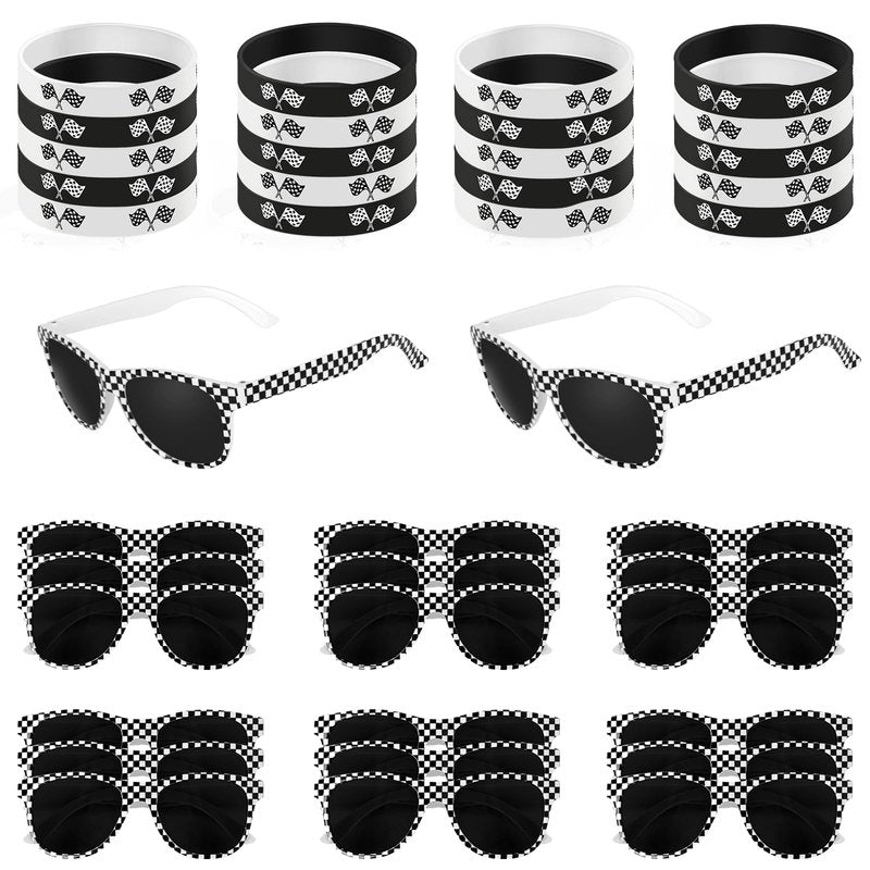 PLUVAVA 40 Pieces Race Car Checkered Sunglasses Flag Wristbands Black White Checker Sunglasses Silicone Flag Bracelets for Racing Theme Checkered Party Favors Summer Pool Beach