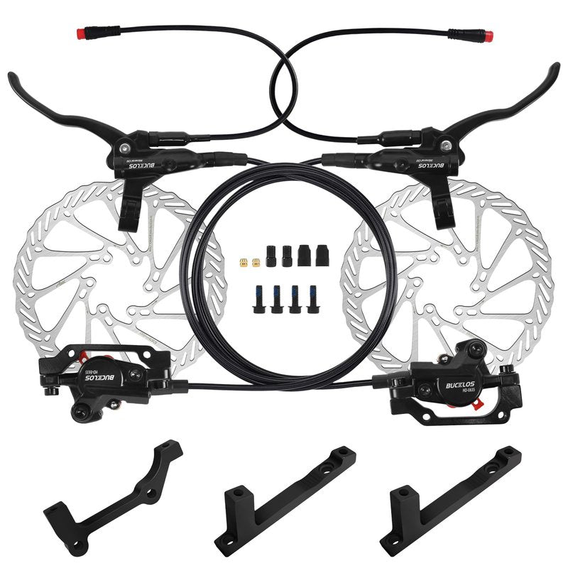 BUCKLOS Ebike Hydraulic Disc Brake Set with 180mm Rotors 2 Pistons Electric Power-Off Left Front 1100mm Right Rear 1800mm Aluminum Alloy Lever for scooter/MTB Mountain Bike(Included Adapters)