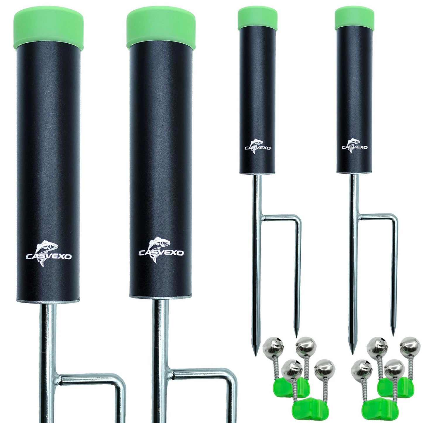 CASVEXO 4 Pack Fishing Rod Holder, Aluminum Fishing Pole Holder for Ground, Rod Holders for Bank Fishing, Double Spike Support, 4 Free Alarm Bells