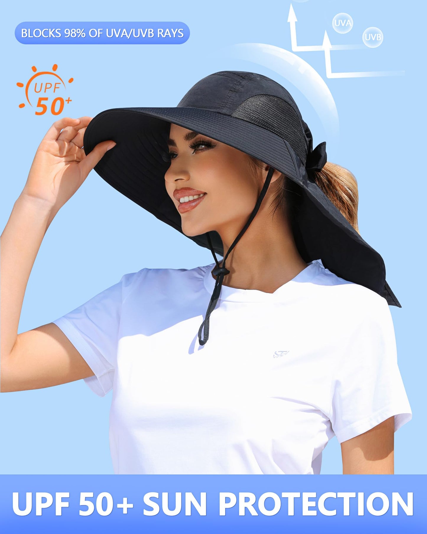 SENWAI Womens Sun Hat Outdoor UV Protection Wide Brim Fishing Hat with Ponytail Hole Neck Flap for Beach Hiking Camping, Black