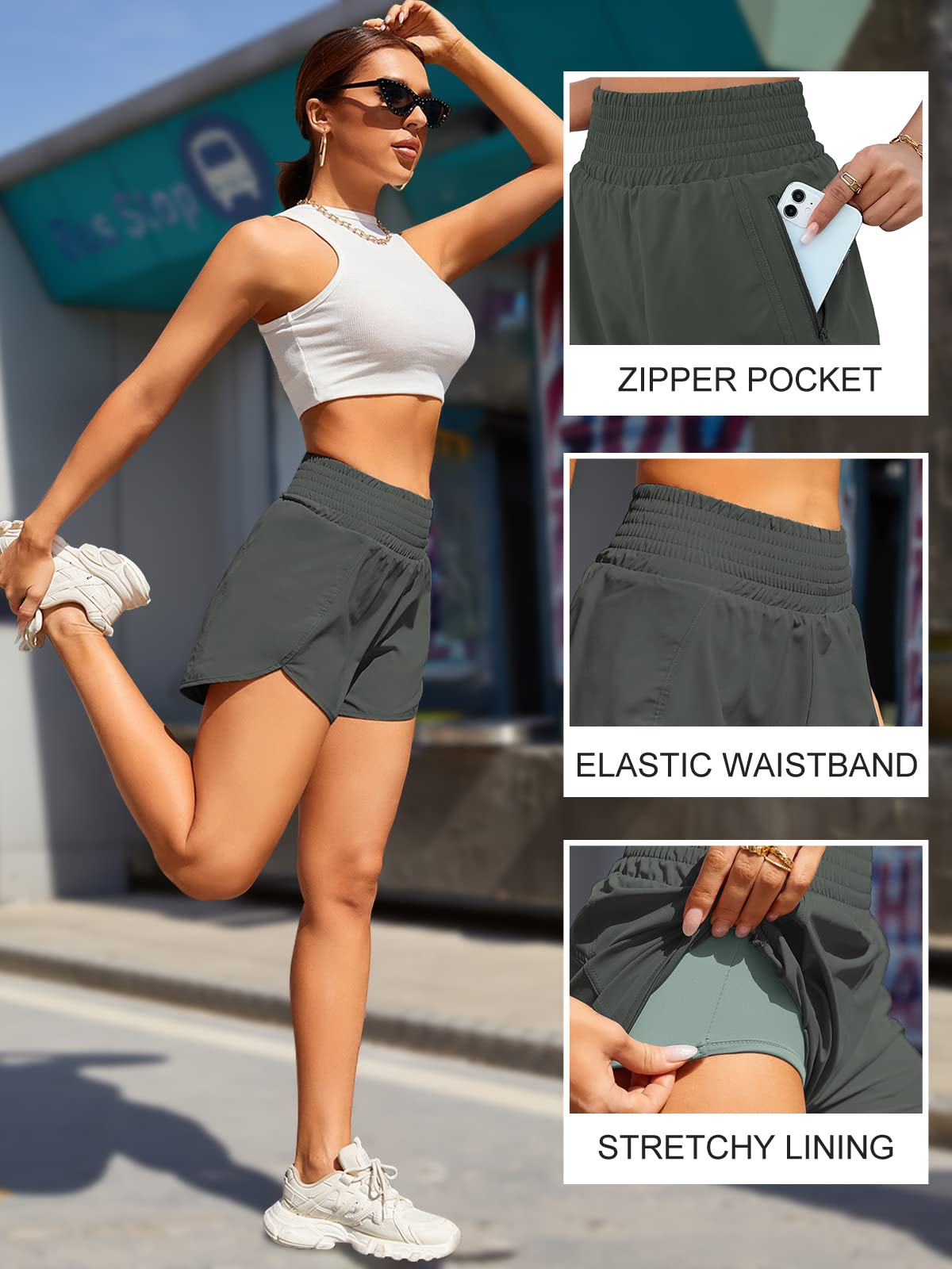 BMJL Women's Athletic Shorts High Waisted Running Short Pocket 2.5" Sporty Shorts Gym Elastic Workout Shorts(XS,SummerGreen)
