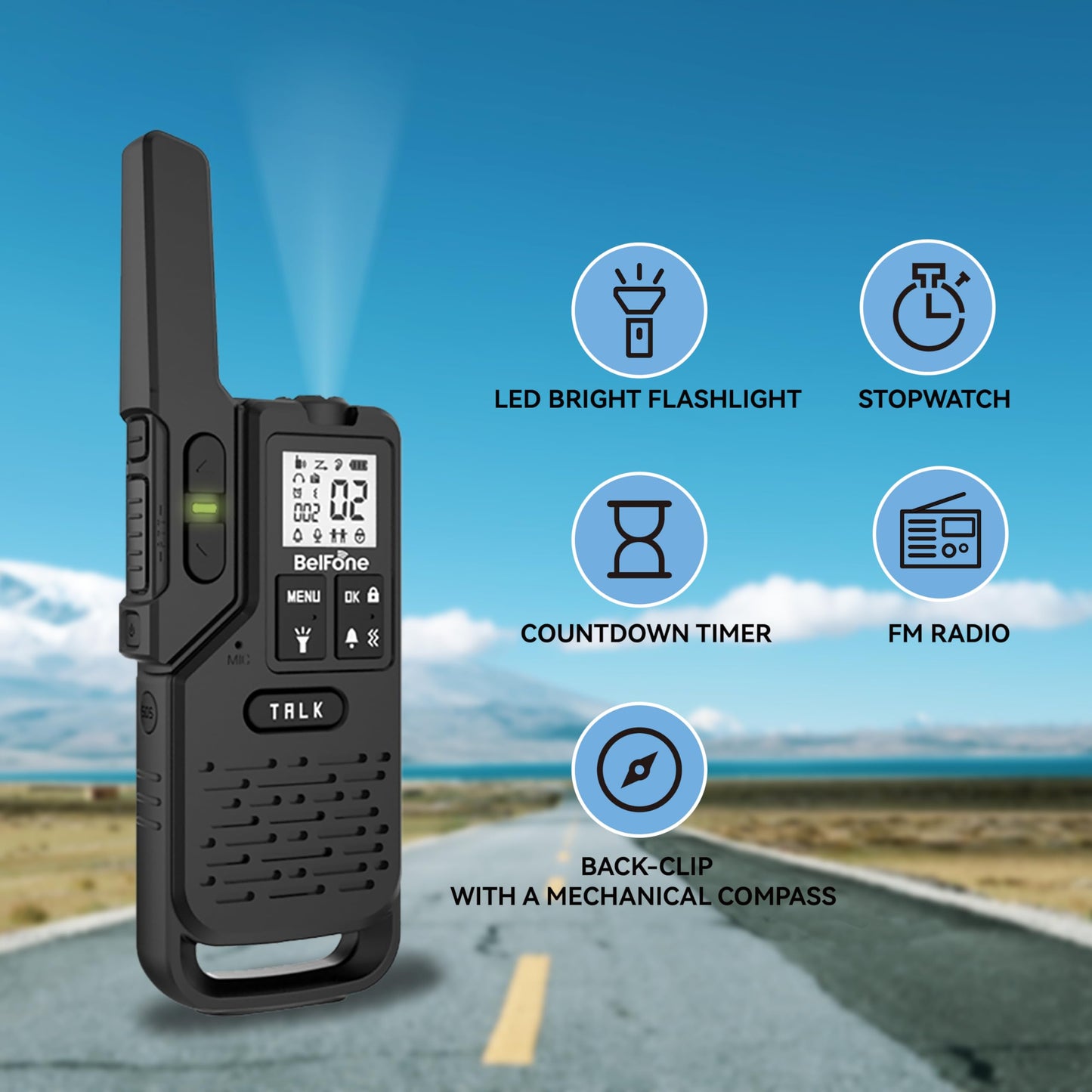 BelFone OG200 Long-Range Walkie-Talkies for Adults,5 Mile Range, 20 Channels, IP54 Waterproof, Built-in Flashlight, Stopwatch, Compass & NOAA,SOS for Outdoor,Camping & K12 School Use（2 Pack）