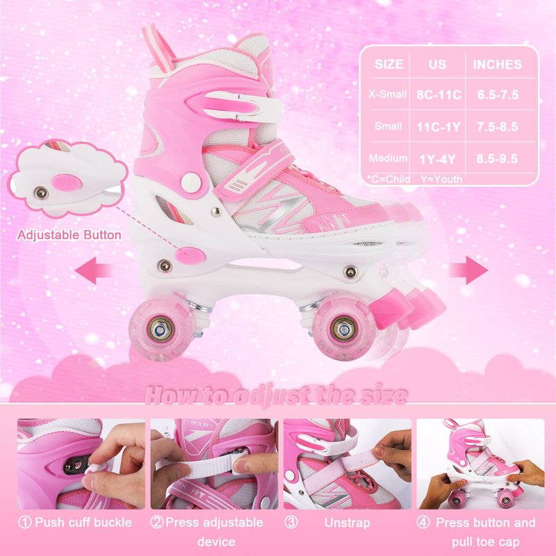 LIRENGUI Girls Roller Skates for Kids Children Beginner, Adjustable Kids Roller Skates with All Light Up Wheels for Sports, Pink & White (Medium 1-4 US)