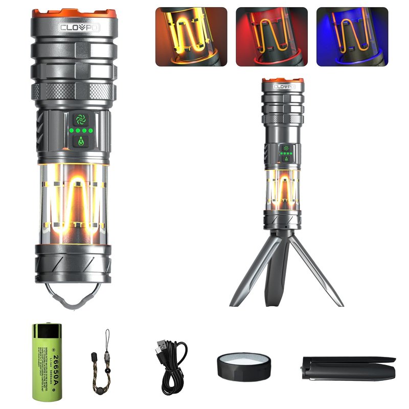 CLOVPO Rechargeable Flashlight 11 Modes Tactical Camping Flashlight with Red-Blue Emergency Lights, 10000 Lumens 3 in 1 Portable Camp Light with Stand, Bright LED Flashlight for Outdoor Activity