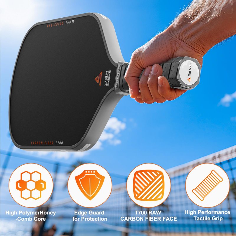 Sioncot Thermoformed Carbon Fiber Pickleball Paddle - Textured Grip, Larger Sweet Spots for Max Spin, Control & Power - 16mm Polypropylene Honeycomb Core for All Skill Levels, 8.0 oz