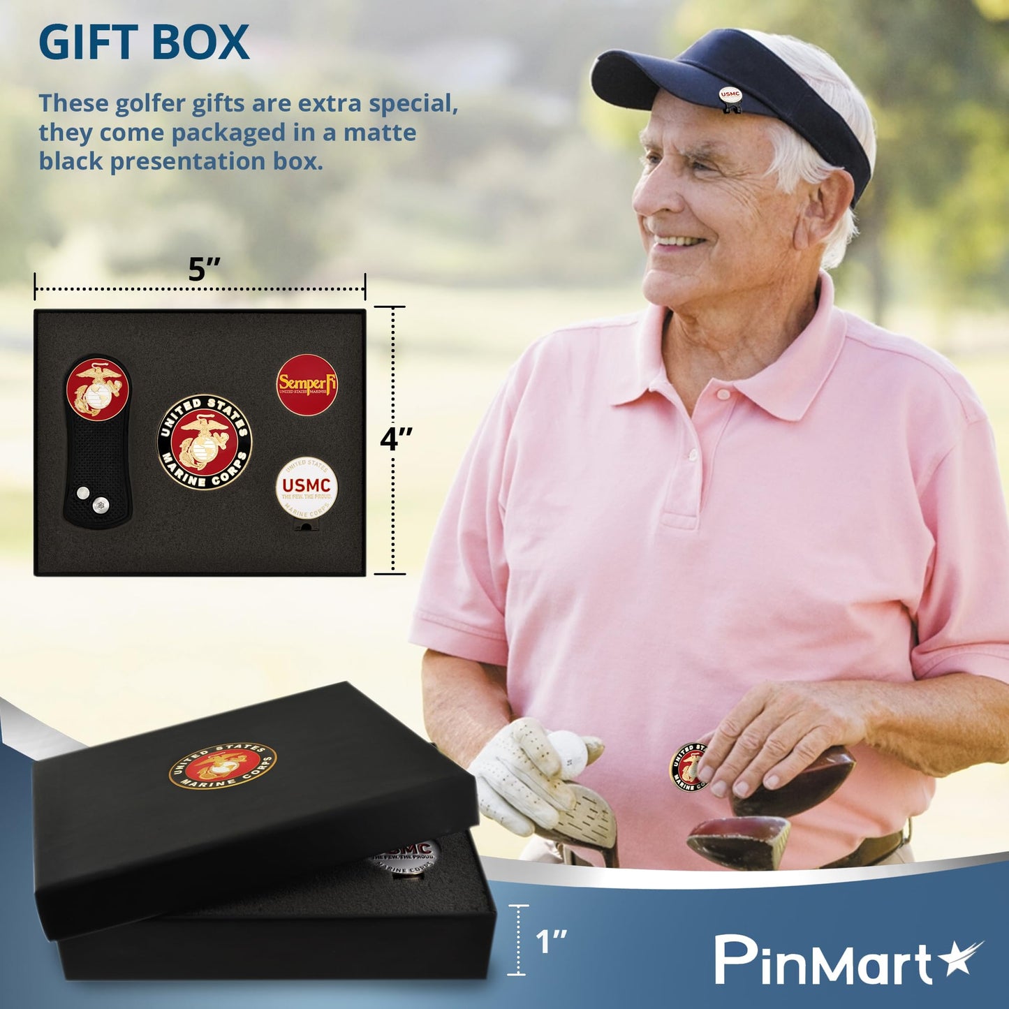 PinMart's Officially Licensed Marine Corps Golf Essentials Gift Set, Divot Tool, Hat Clip, Magnetic Ball Markers, Large Golf Ball Marker with Presentation Box - Gifts and Accessories