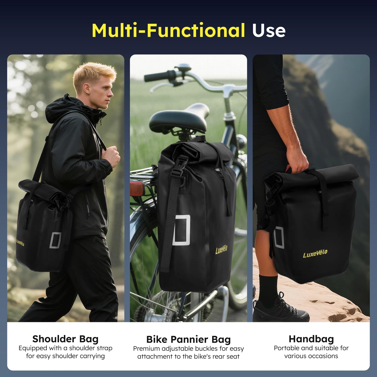 RegalRider Bike Pannier, Waterproof 27L Pannier Bike Bag with Removable Shoulder Strap, Reflective Safety Design, Adjustable Clips Fit All Bike Racks, Bicycle Pannier for Cycling Commuting Travel