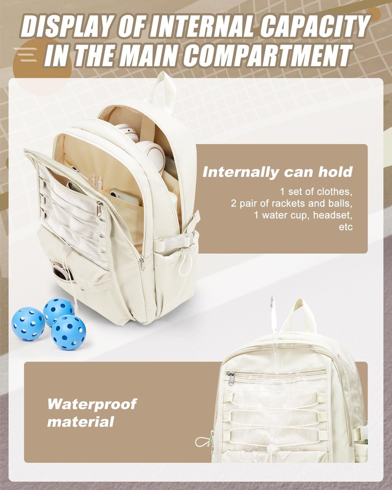 Pickleball Bag, Pickleball Backpack for Women and Men, Paddle Bag Fits 4 Paddles Accessories, Tennis Racket Bags Pickle Ball Backpack Gifts for Sport Lovers, Beige