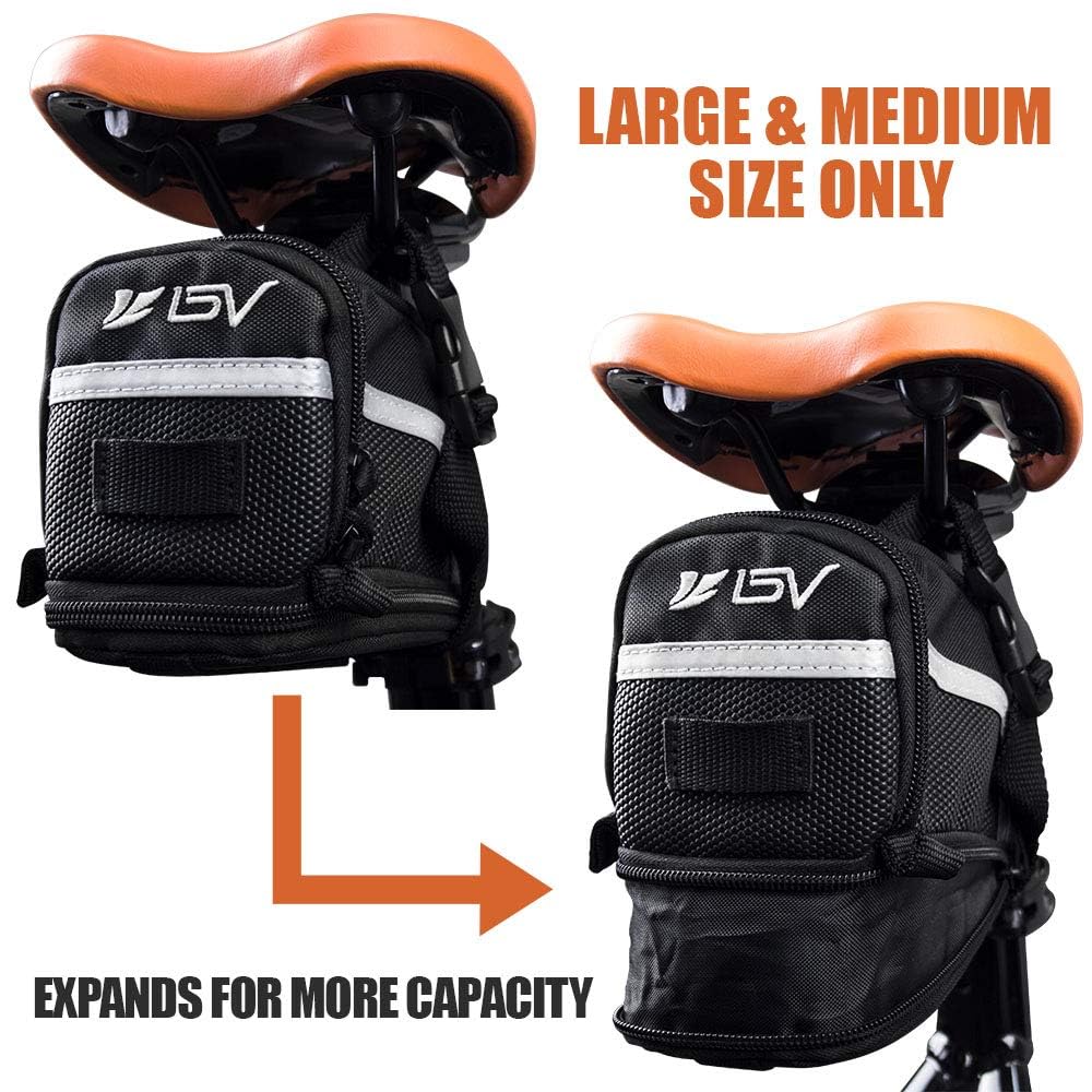 BV Strap-On Bike Bag with Reflective Material - Saddle Bag with Seperate Divider for Small Items for All Your Essentials - Bike Pouch with Taillight Hanger for Maximum Safety (Cycling Bag, Medium)