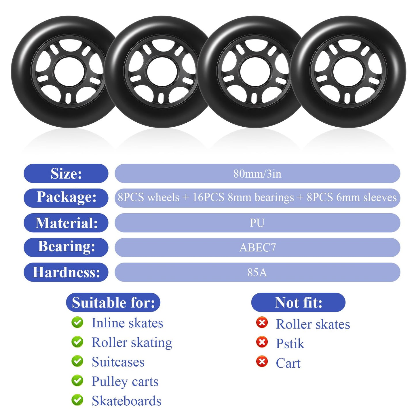 8 Pack Inline Skate Wheels, Luggage Suitcase Replacement Wheels, 80mm Roller Hockey Blade Replacement Wheel with ABEC-7 Bearing for Girls & Boys Roller Blade Skating - Black