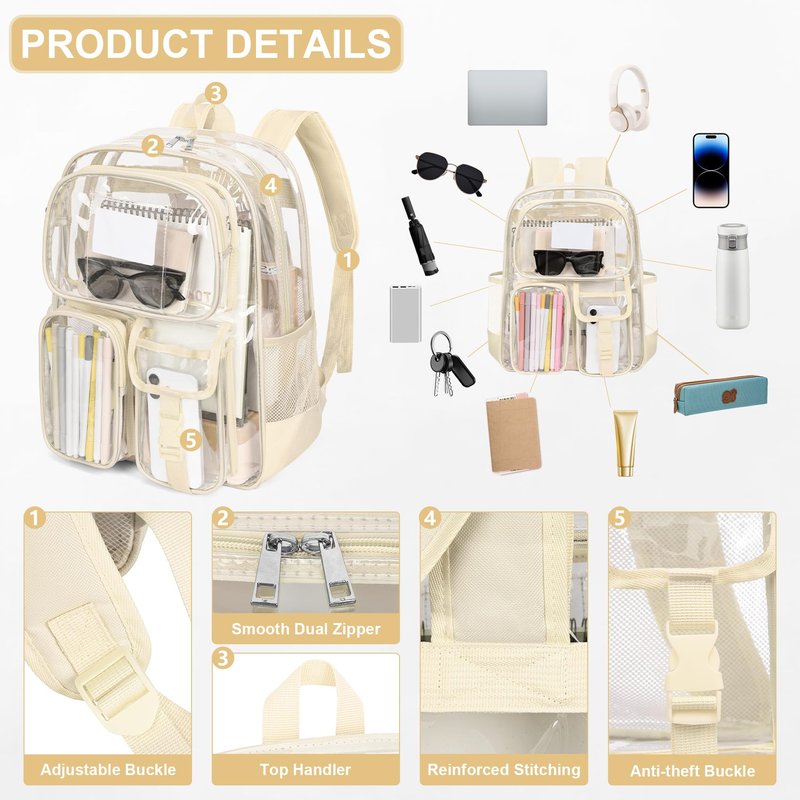 Attmu Clear Backpack for Stadium Events, Heavy Duty PVC Transparent Bookbag with Reinforced Strap, Large Capacity See Through Clear Bag for College Concerts Sport Work Security Travel