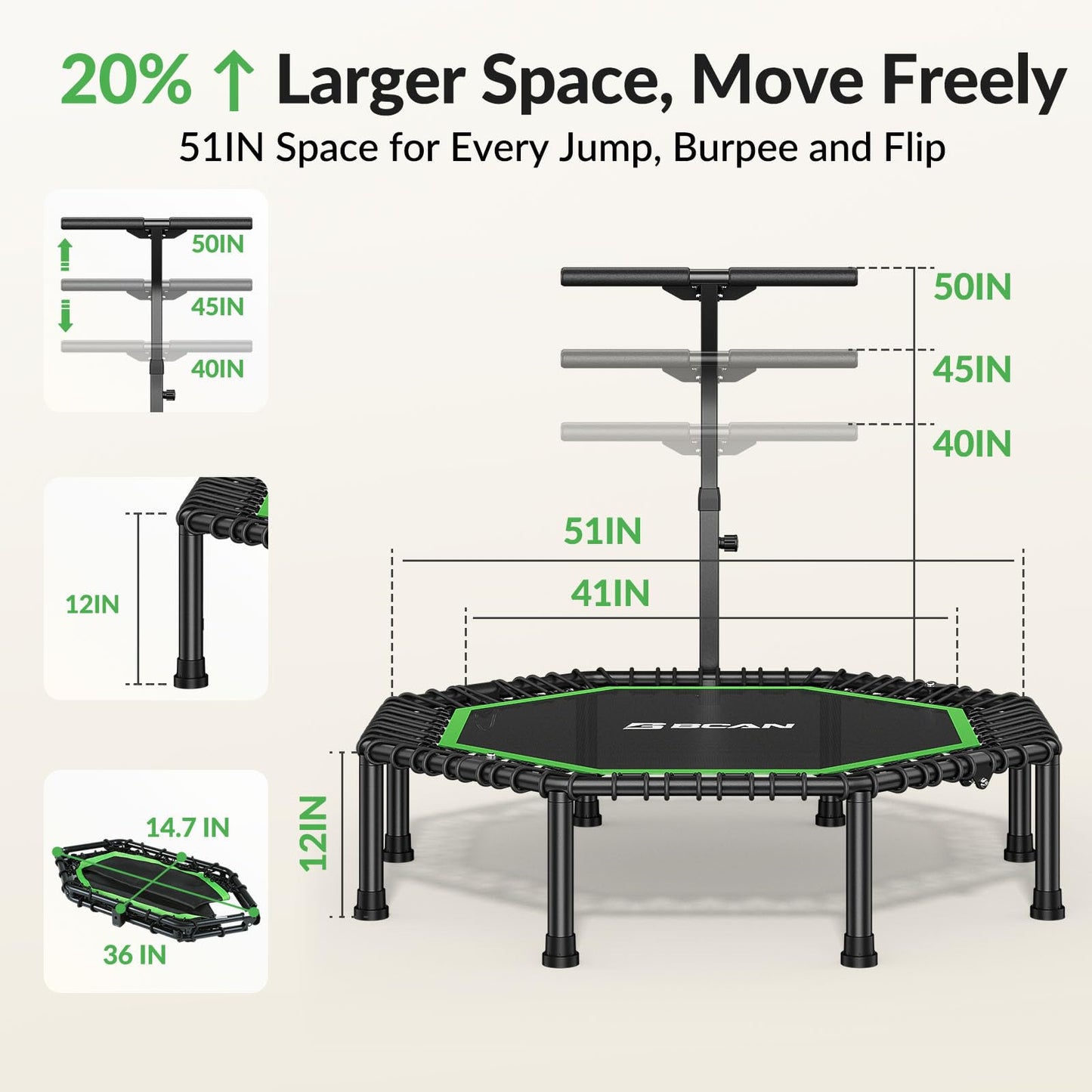 BCAN BT3 51" Octagonal Rebounder Trampoline for Adults, 450LBS Max Load Fitness Trampoline with Large Jumping Area, Silent Bungee Mini Trampoline with T-Adjustable Handle for Home Gym