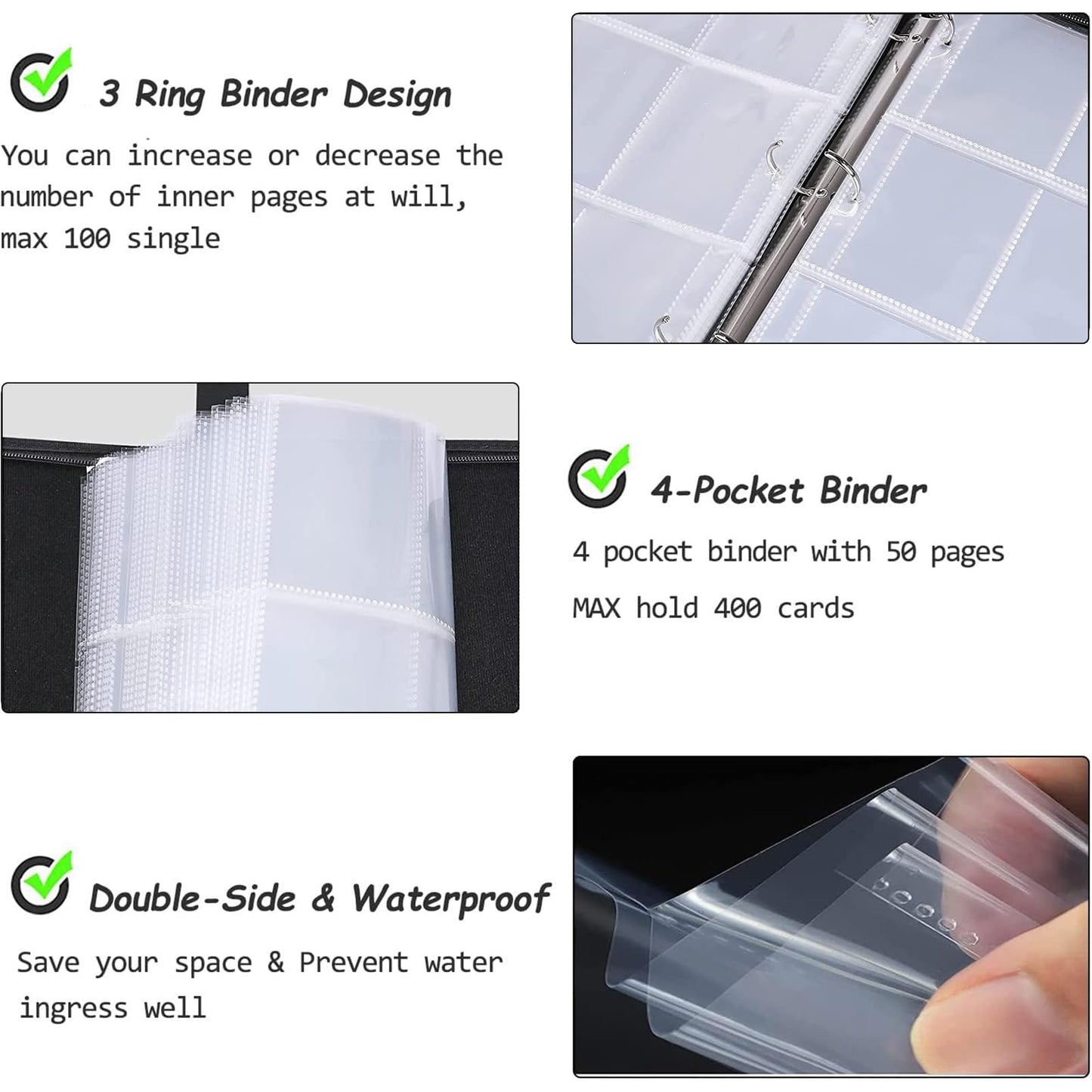 400 Cards Football Card Binder, 4-Pocket Card Collections Trading Card Binder 50 Pages Double-Sided Cards Holder with Zipper 3-Ring Card Album for Sports Football Card Sleeves Protectors