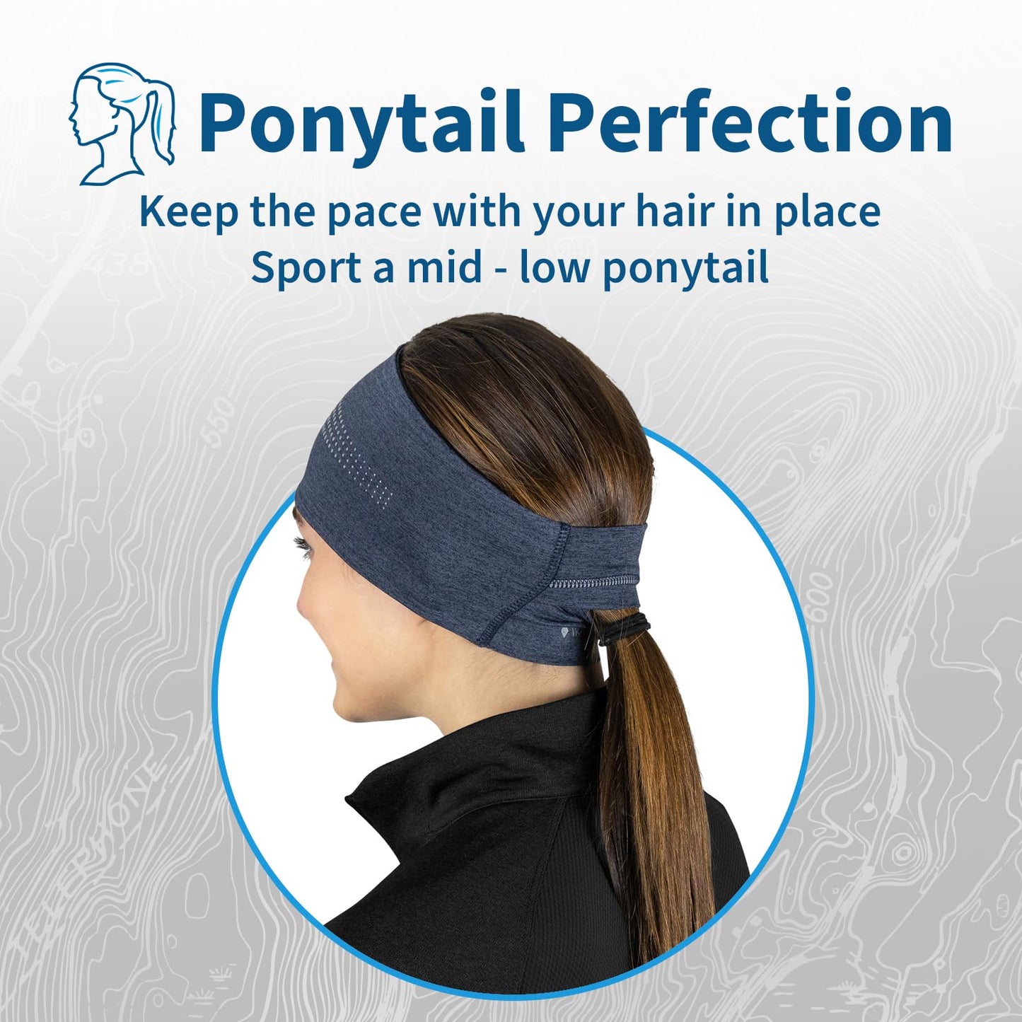 TrailHeads Womens Ponytail Headband - Reflective, Moisture Wicking Hair Headband for Running, Winter - Adrenaline Series - Heather Navy Reflective